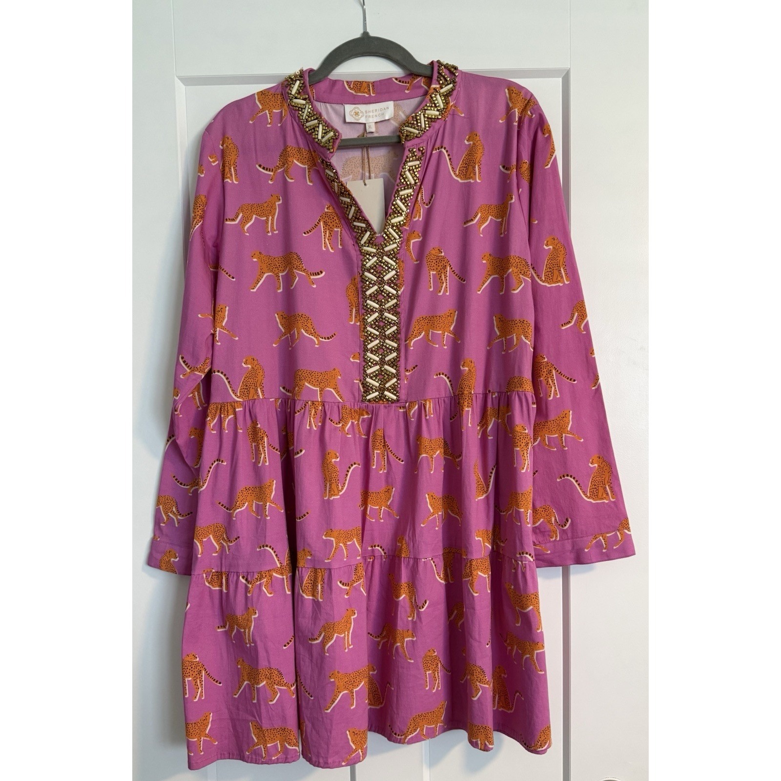 Sheridan French Abigail Dress Xl Pink Cheetah Beaded Tiered Midi Whimsical Nwt